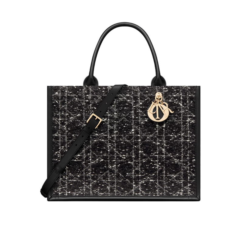 Medium Dior Book Tote Black Cannage Tweed Embroidery