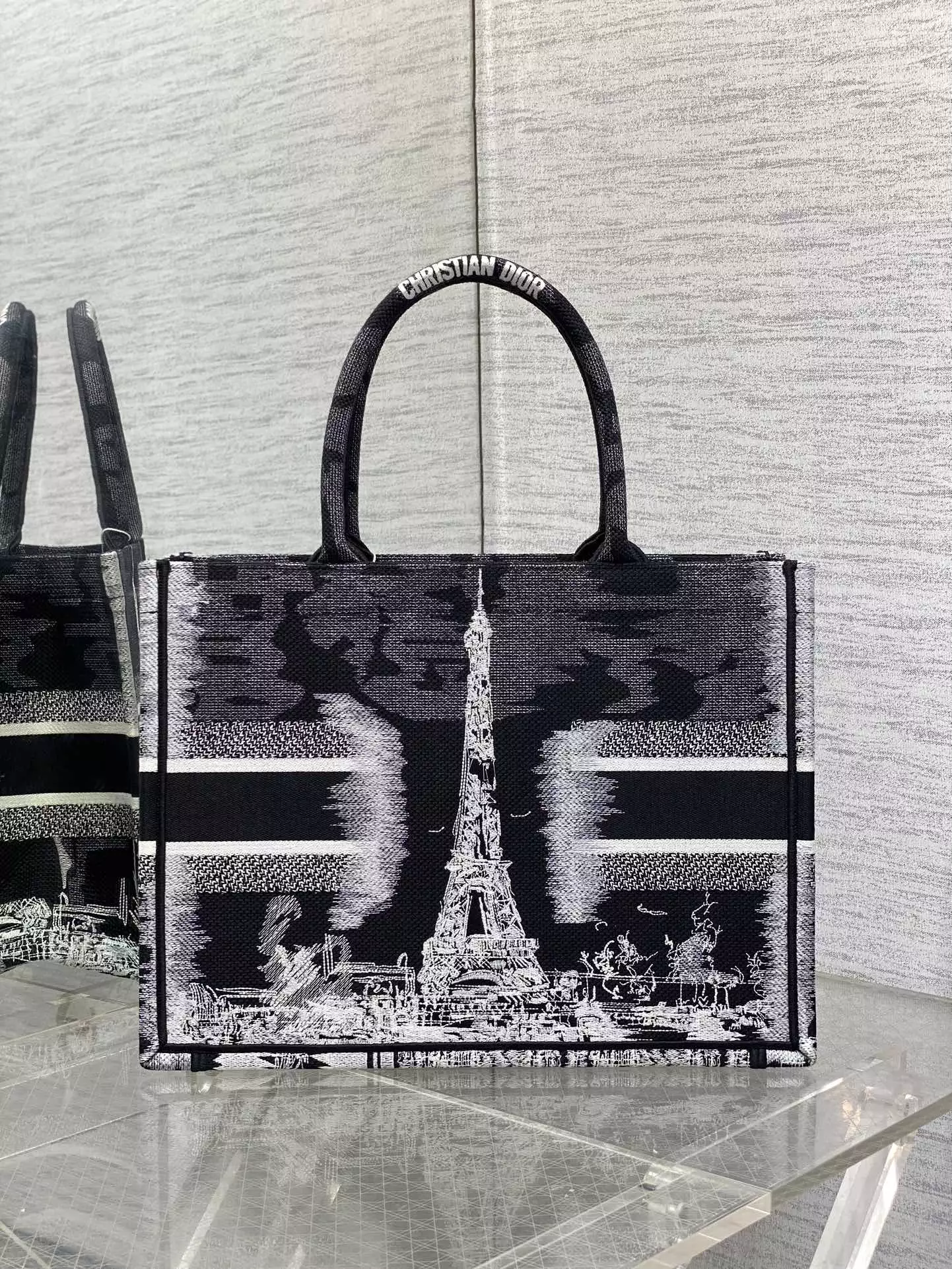 Medium Dior Book Tote Black and White Paris Embroidery