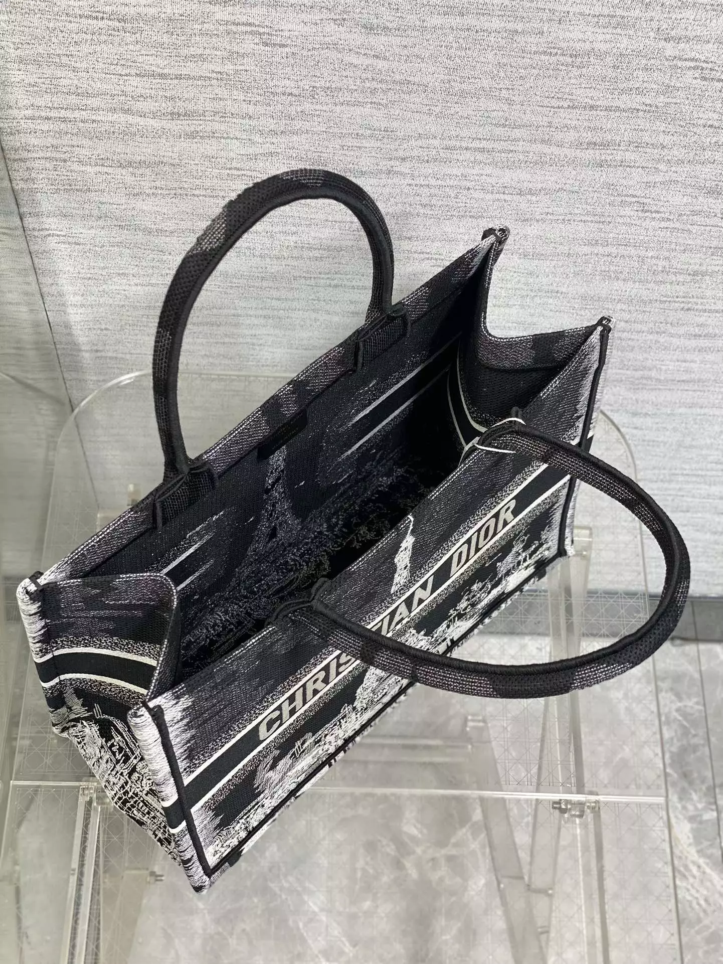 Medium Dior Book Tote Black and White Paris Embroidery