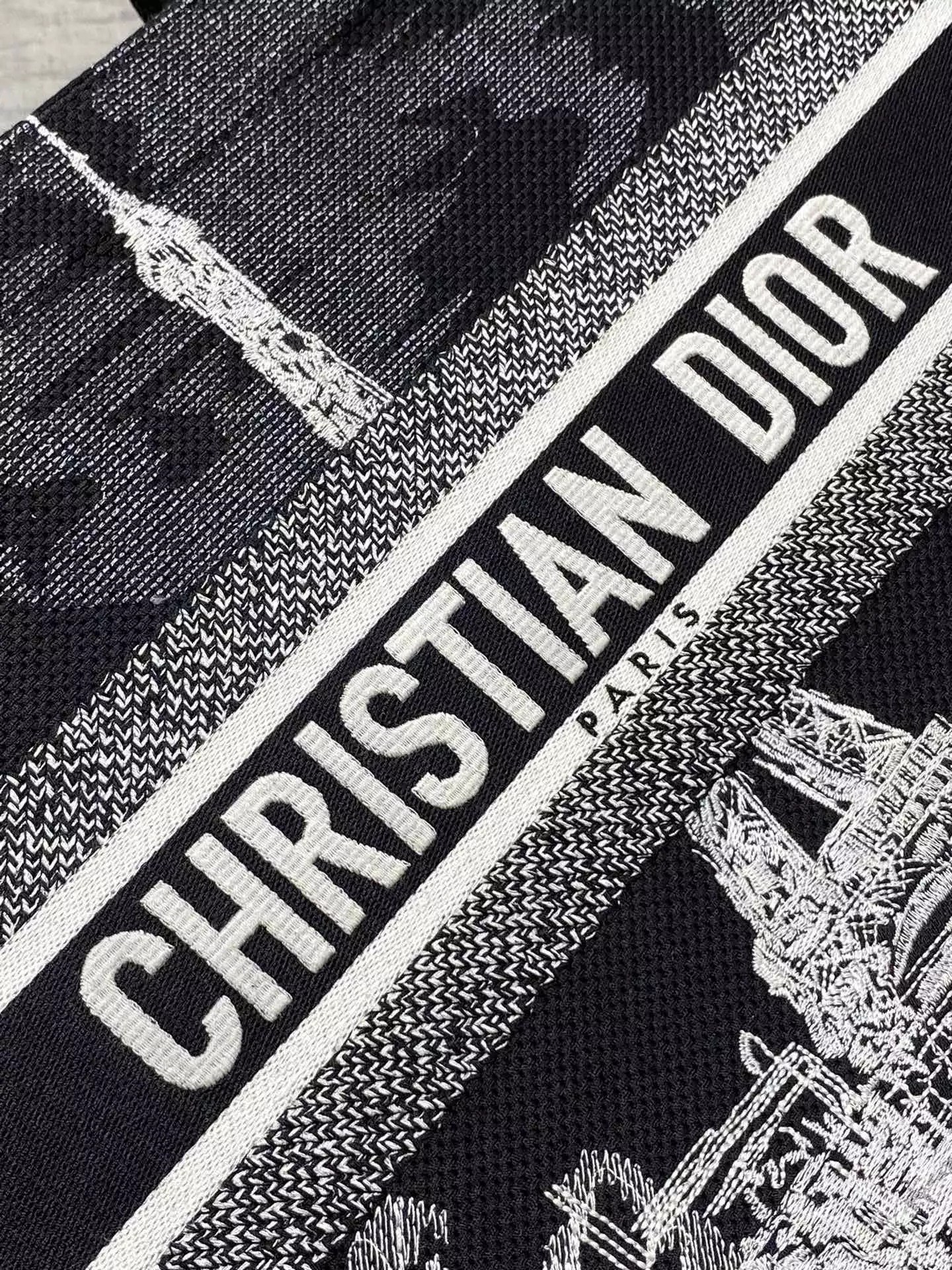 Medium Dior Book Tote Black and White Paris Embroidery