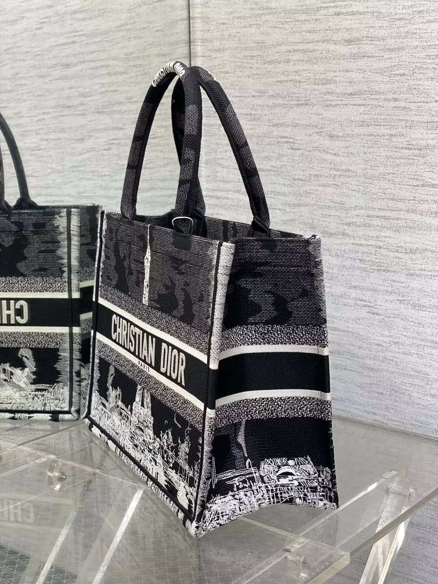 Medium Dior Book Tote Black and White Paris Embroidery
