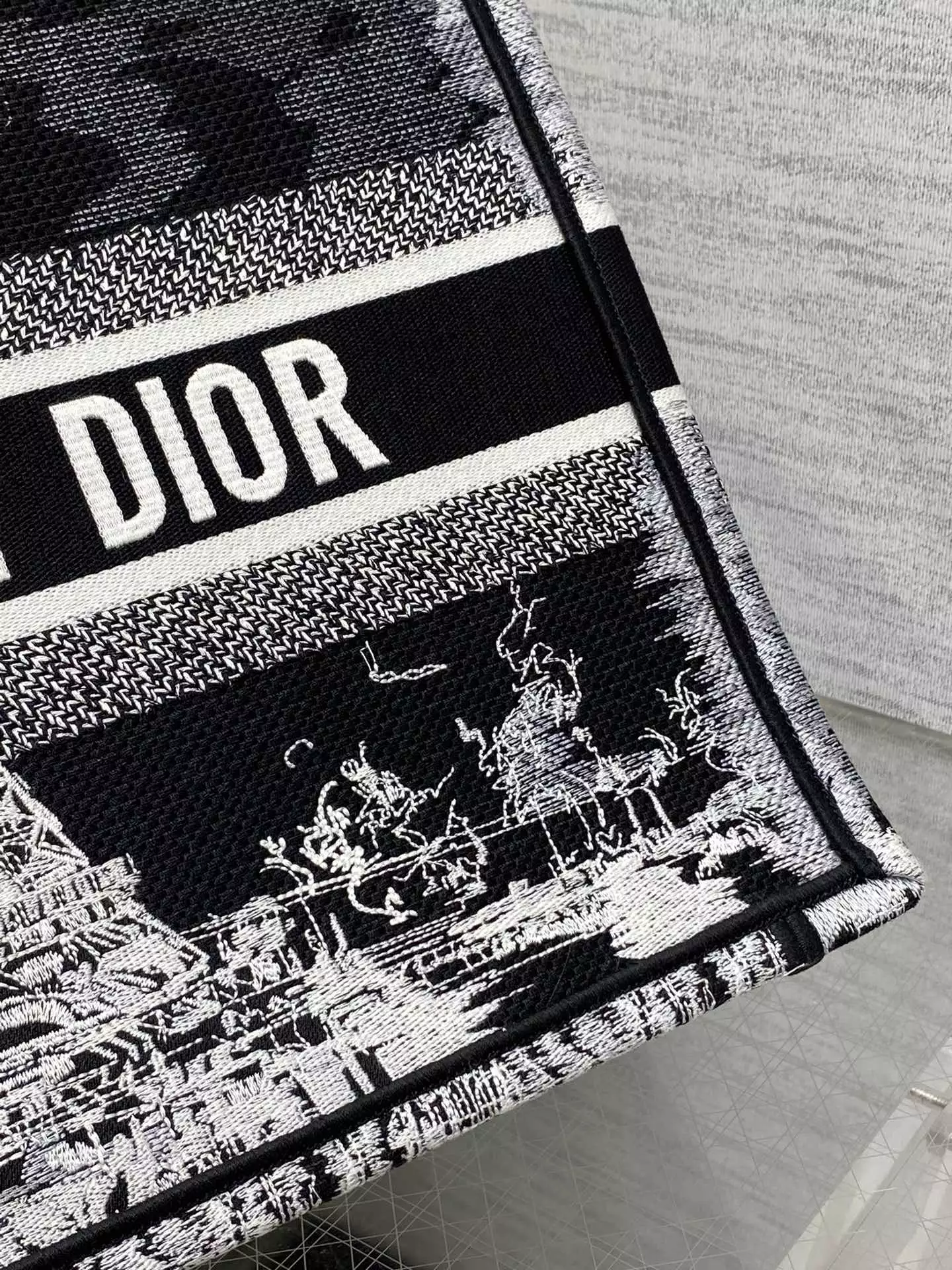 Medium Dior Book Tote Black and White Paris Embroidery