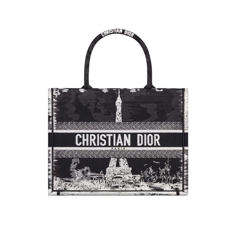 Medium Dior Book Tote Black and White Paris Embroidery