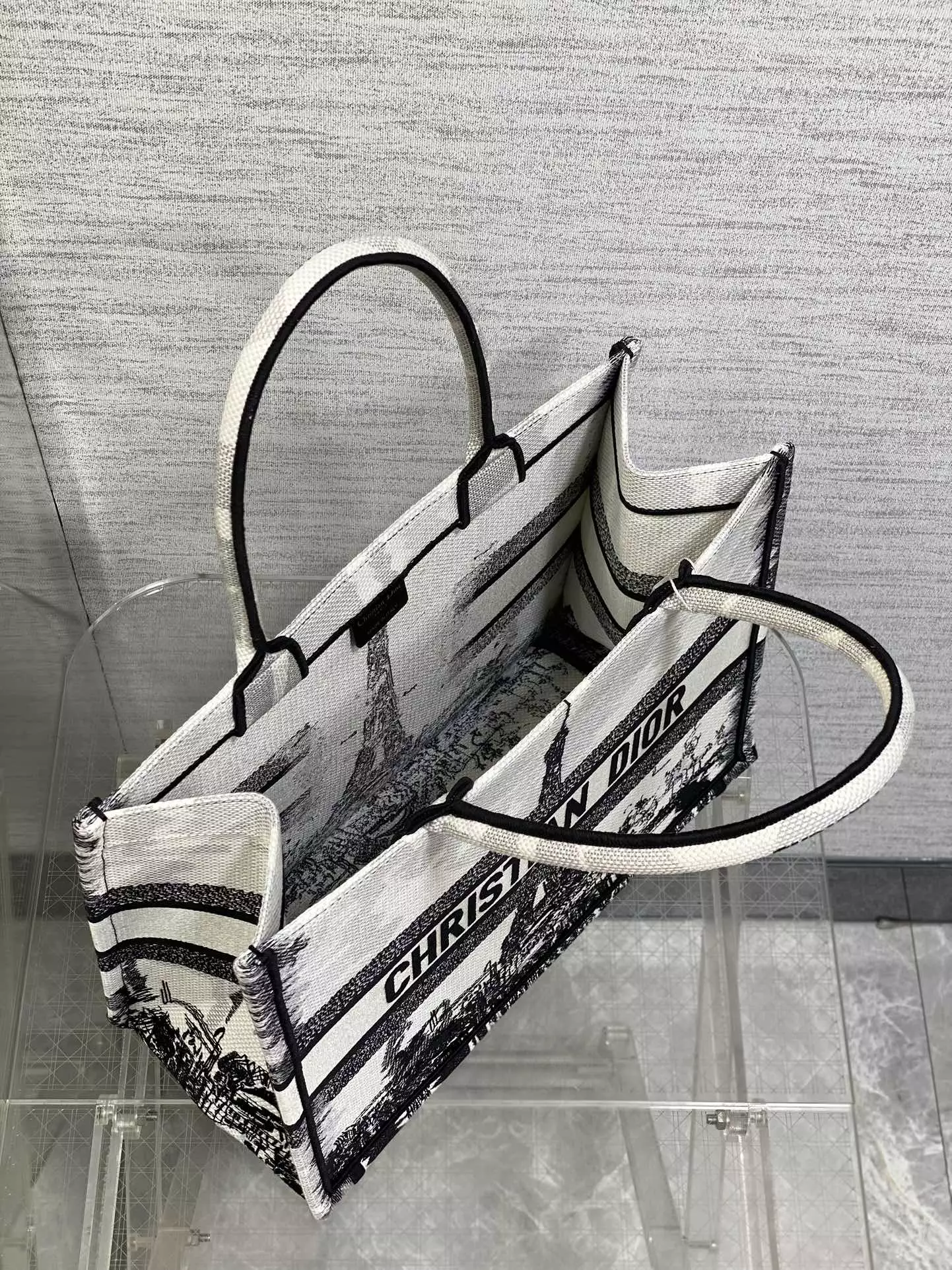 Medium Dior Book Tote White and Black Paris Embroidery