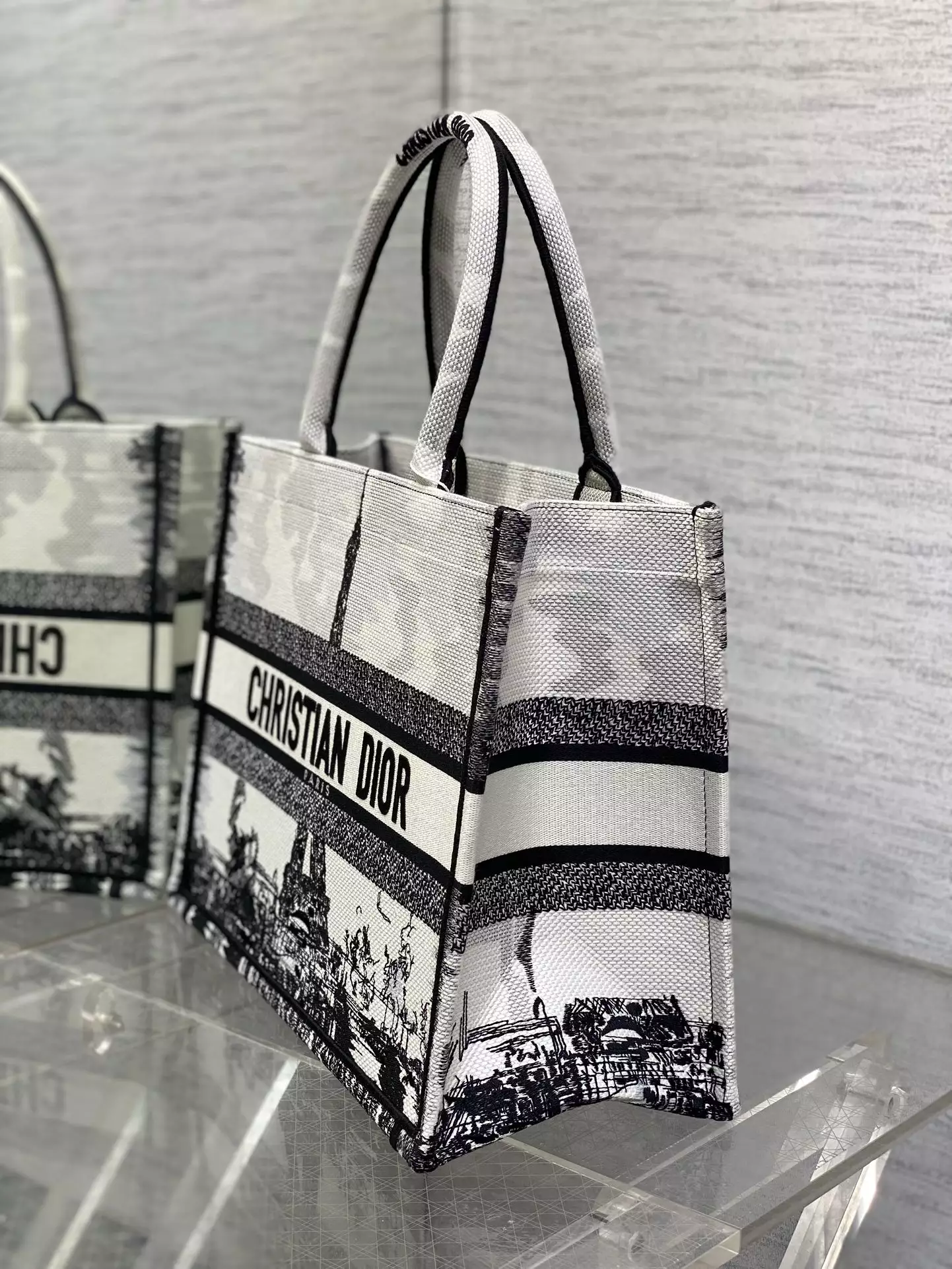 Medium Dior Book Tote White and Black Paris Embroidery