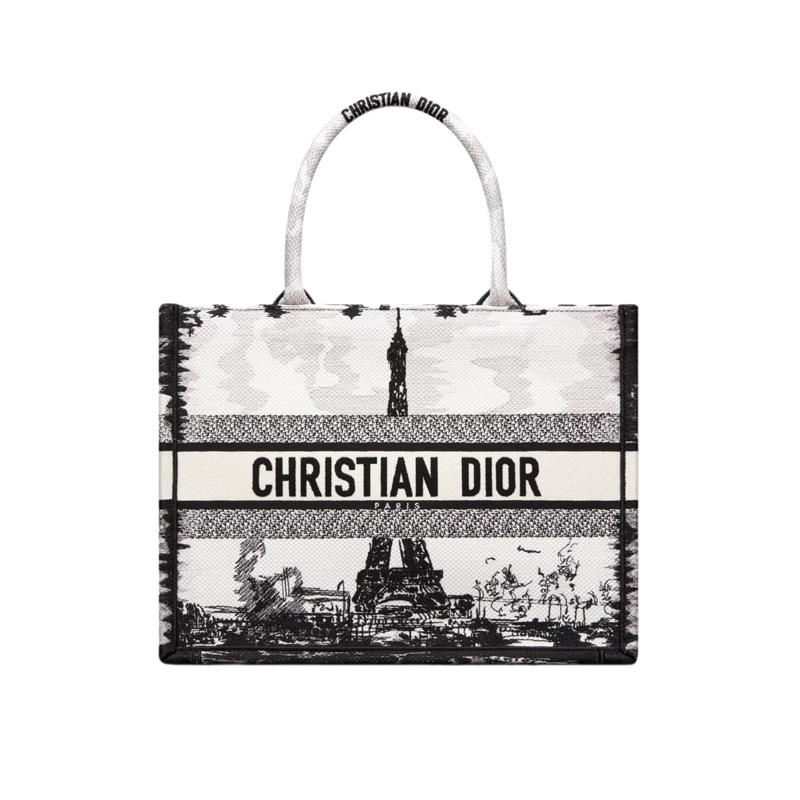 Medium Dior Book Tote White and Black Paris Embroidery