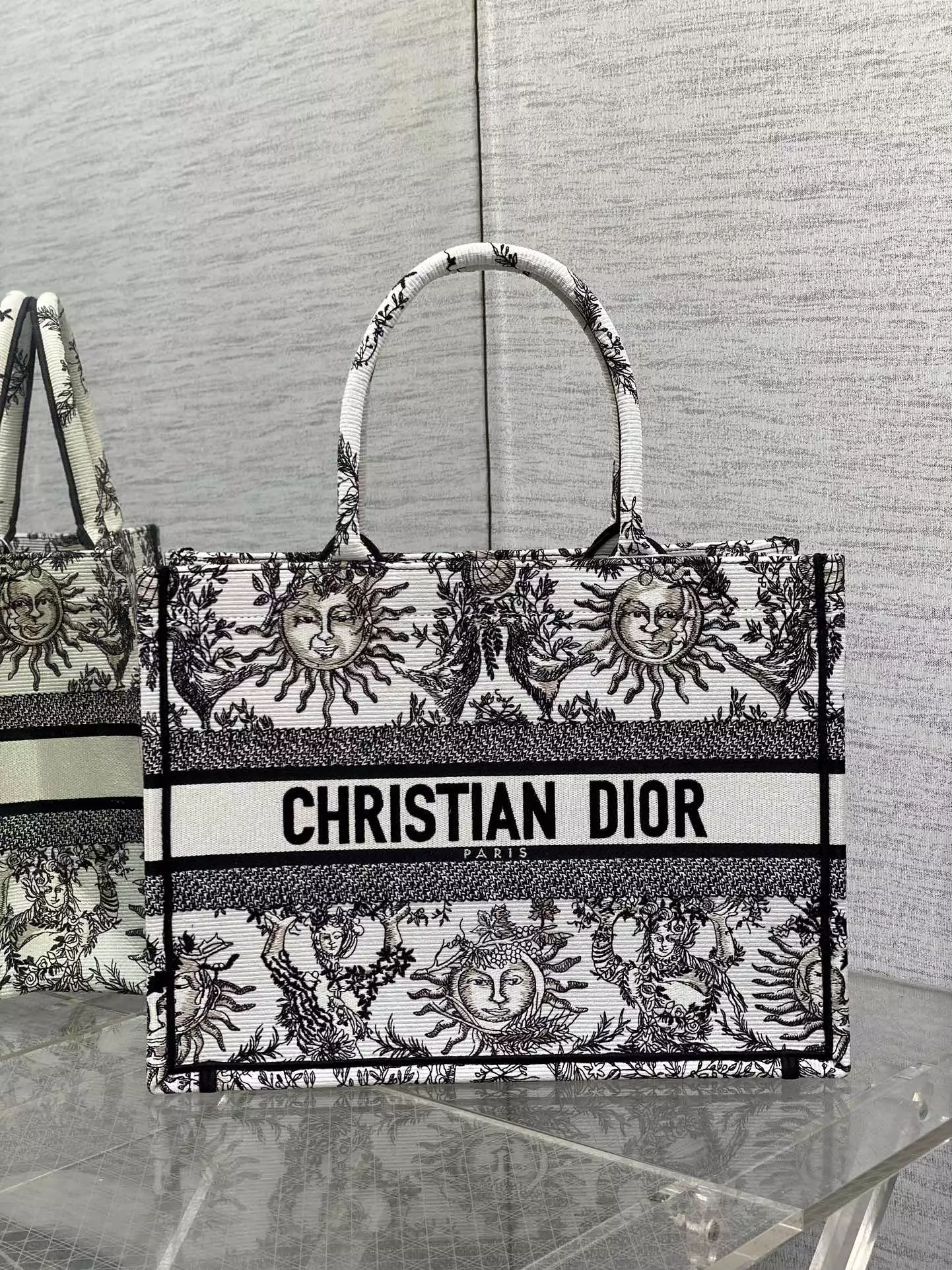 Medium Dior Book Tote White and Black Toile de Jouy Soleil Embroidery