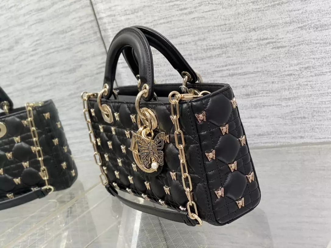 Medium Lady D-Joy Bag Black Cannage Lambskin with Gold-Finish Butterfly Studs