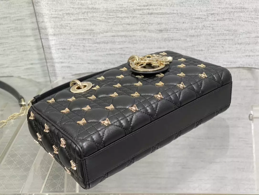 Medium Lady D-Joy Bag Black Cannage Lambskin with Gold-Finish Butterfly Studs