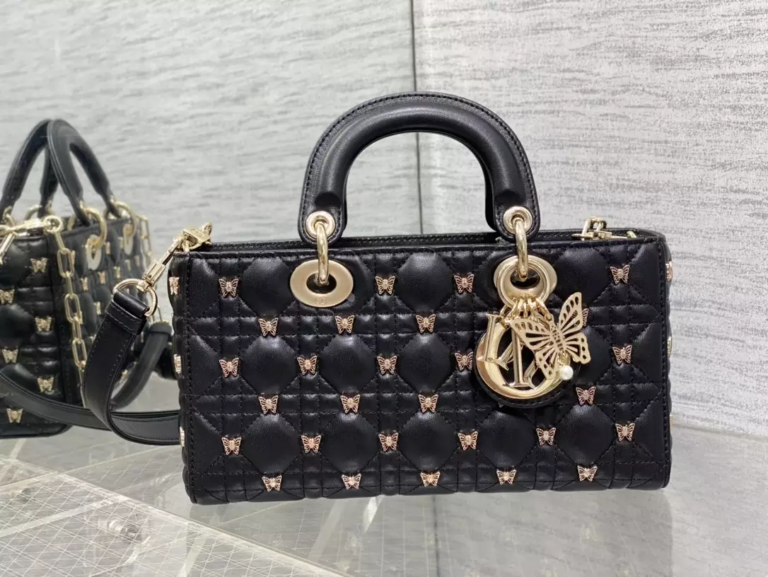 Medium Lady D-Joy Bag Black Cannage Lambskin with Gold-Finish Butterfly Studs