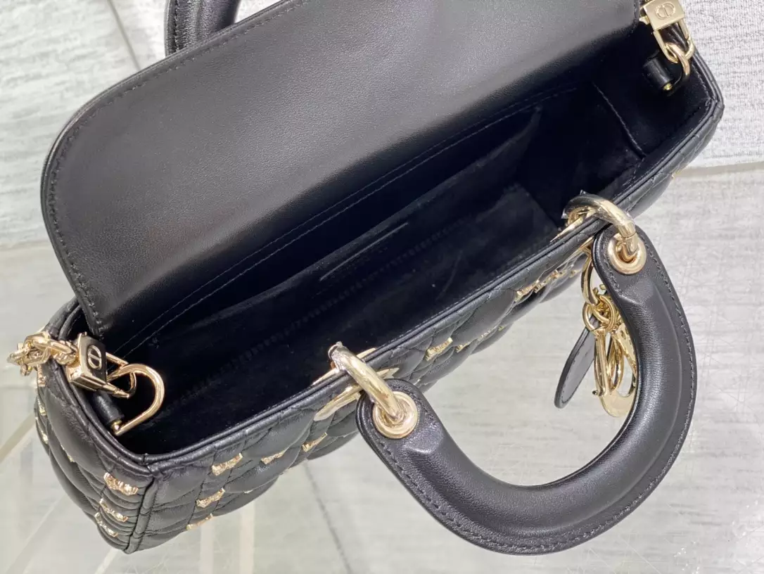 Medium Lady D-Joy Bag Black Cannage Lambskin with Gold-Finish Butterfly Studs