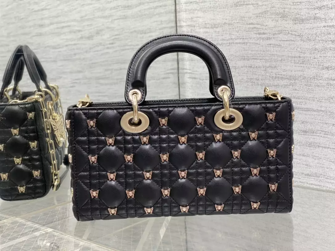 Medium Lady D-Joy Bag Black Cannage Lambskin with Gold-Finish Butterfly Studs