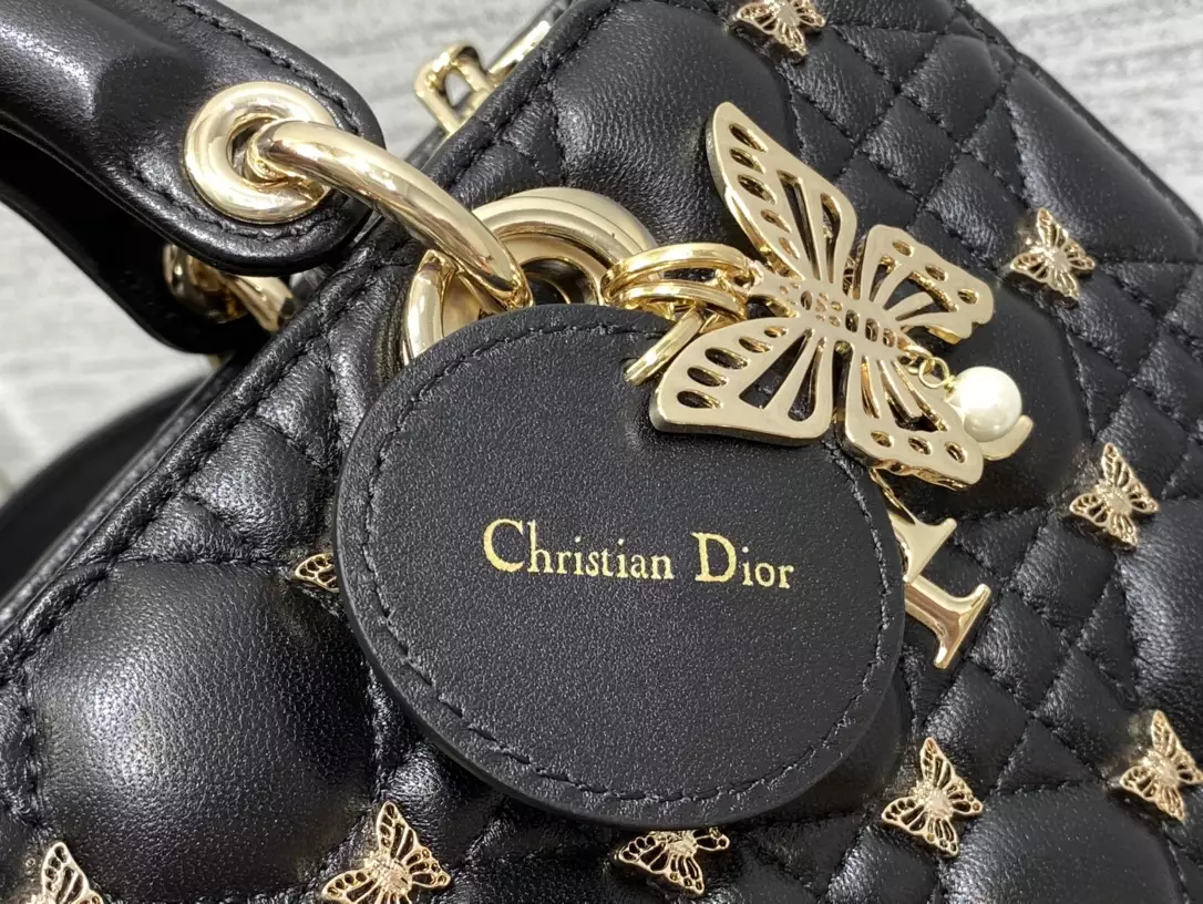 Medium Lady D-Joy Bag Black Cannage Lambskin with Gold-Finish Butterfly Studs