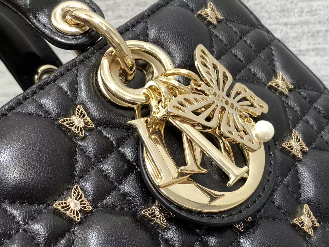 Medium Lady D-Joy Bag Black Cannage Lambskin with Gold-Finish Butterfly Studs