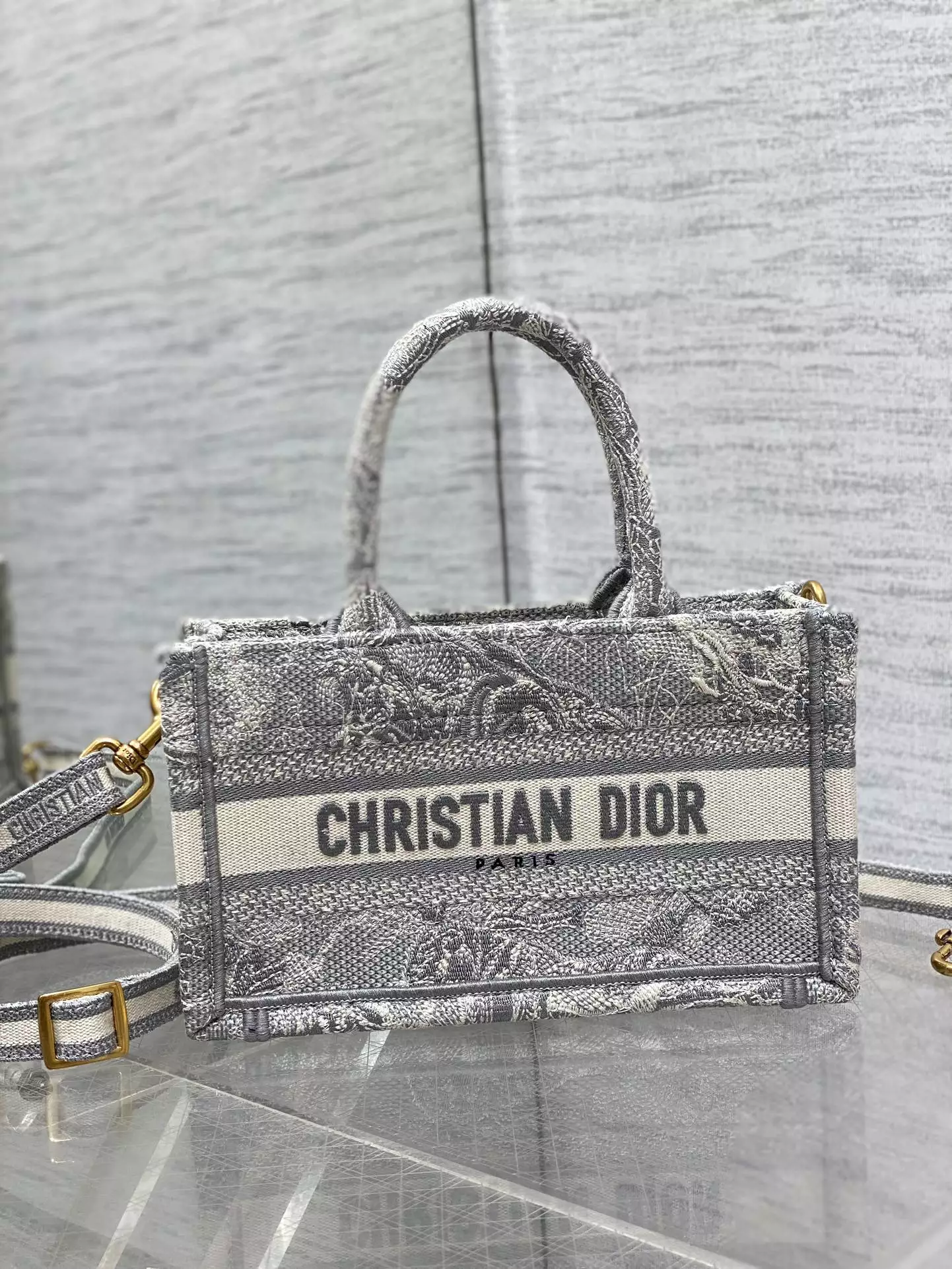 Mini Dior Book Tote Gray Toile de Jouy Reverse Embroidery