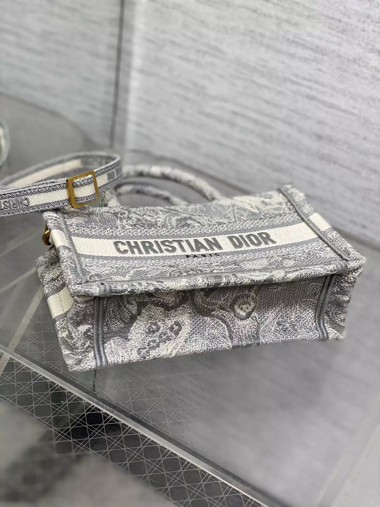 Mini Dior Book Tote Gray Toile de Jouy Reverse Embroidery