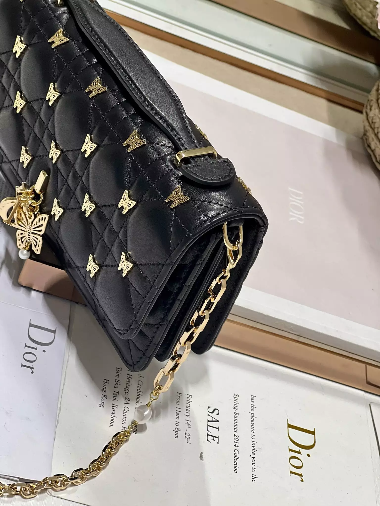 My Dior Mini Bag Black Cannage Lambskin with Gold-Finish Butterfly Studs