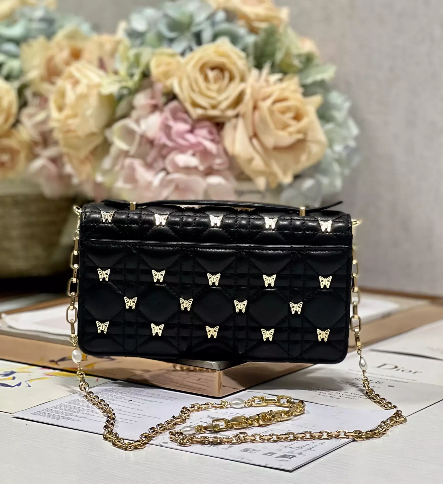 My Dior Mini Bag Black Cannage Lambskin with Gold-Finish Butterfly Studs