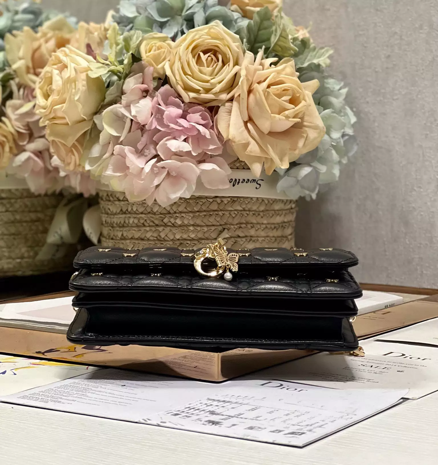 My Dior Mini Bag Black Cannage Lambskin with Gold-Finish Butterfly Studs