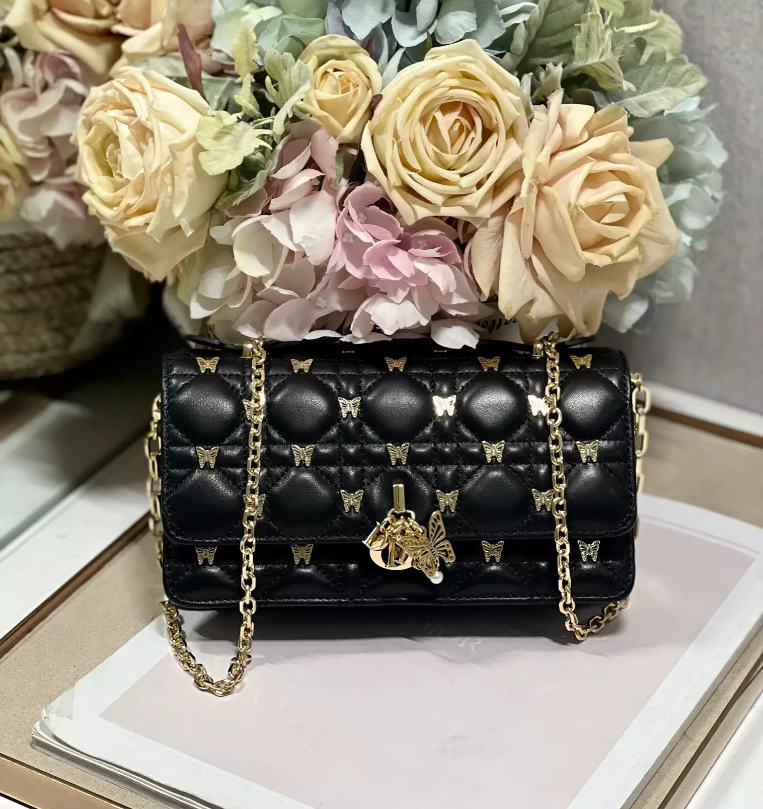 My Dior Mini Bag Black Cannage Lambskin with Gold-Finish Butterfly Studs