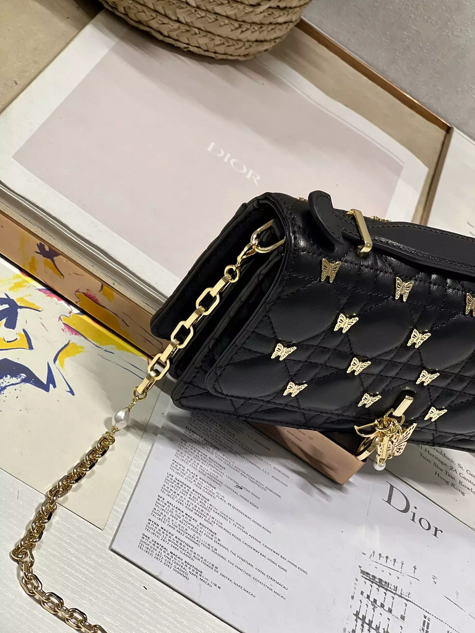 My Dior Mini Bag Black Cannage Lambskin with Gold-Finish Butterfly Studs