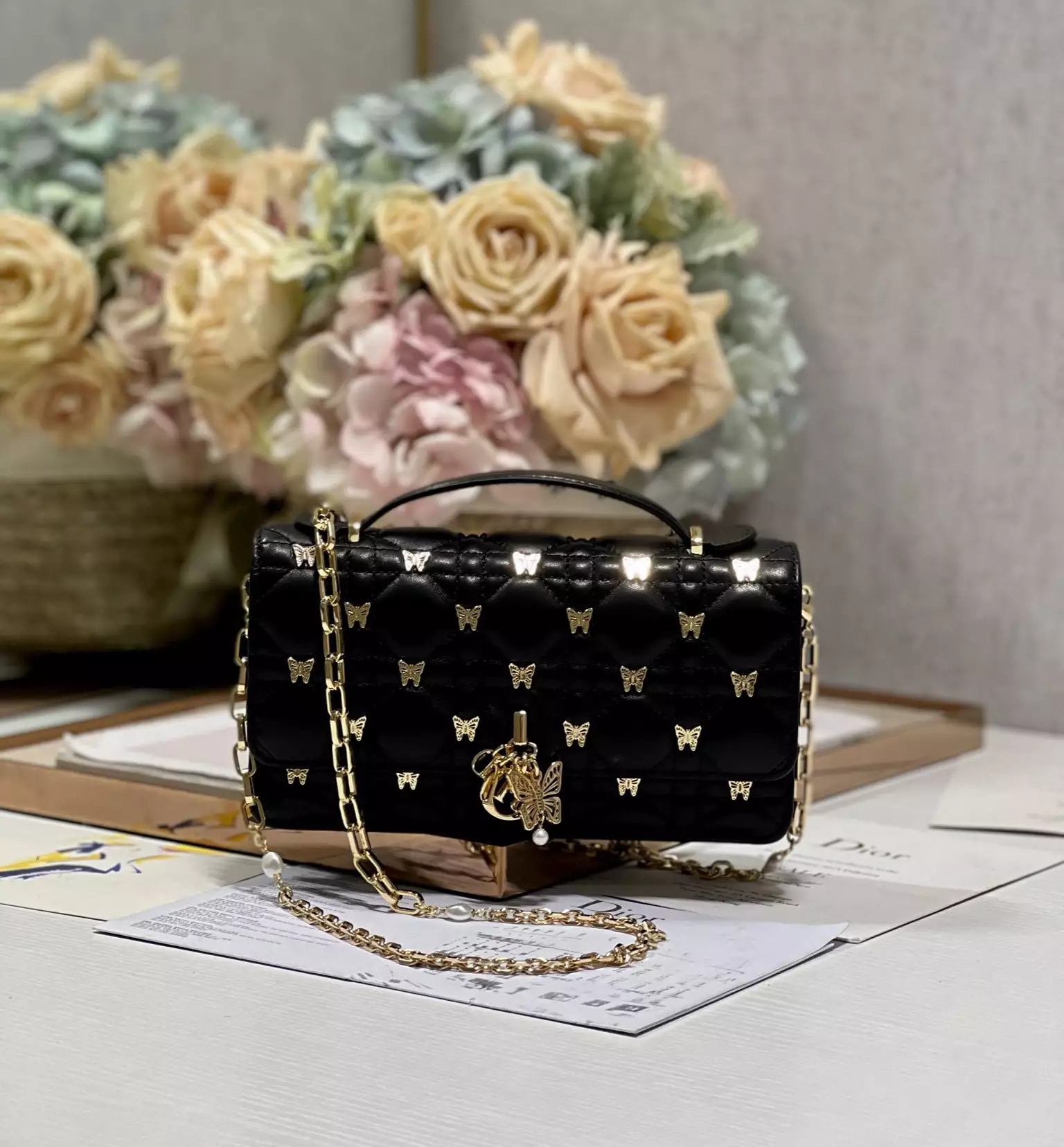 My Dior Mini Bag Black Cannage Lambskin with Gold-Finish Butterfly Studs