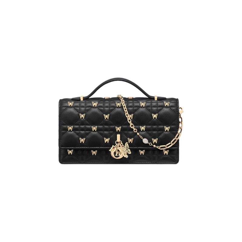 My Dior Mini Bag Black Cannage Lambskin with Gold-Finish Butterfly Studs