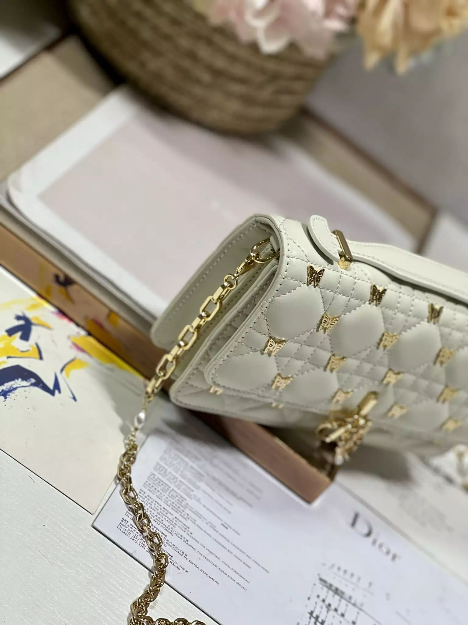 My Dior Mini Bag White Cannage Lambskin with Gold-Finish Butterfly Studs
