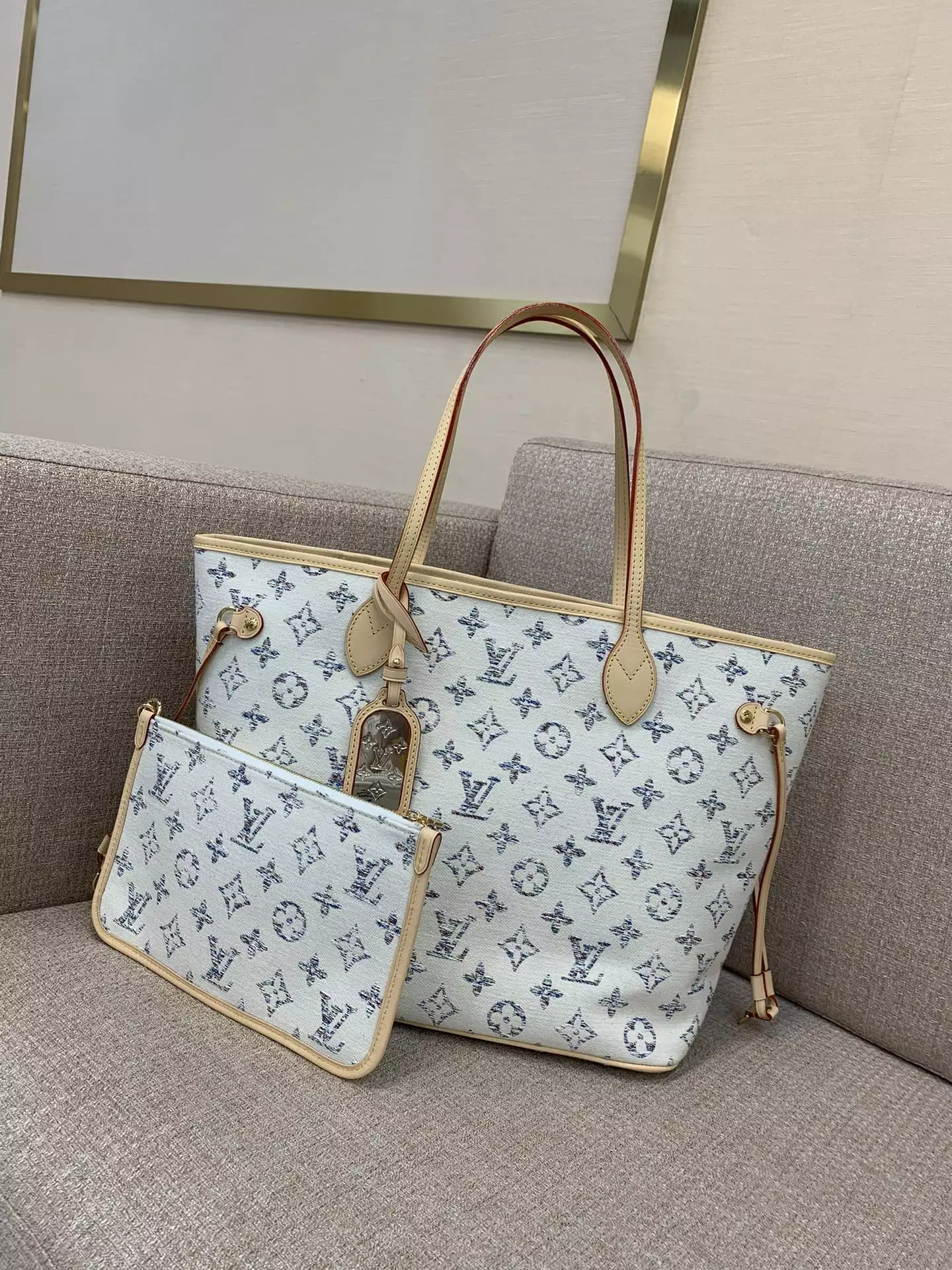 Neverfull MM Multicolor Beige Monogram Jacquard Fabric Tote Bag