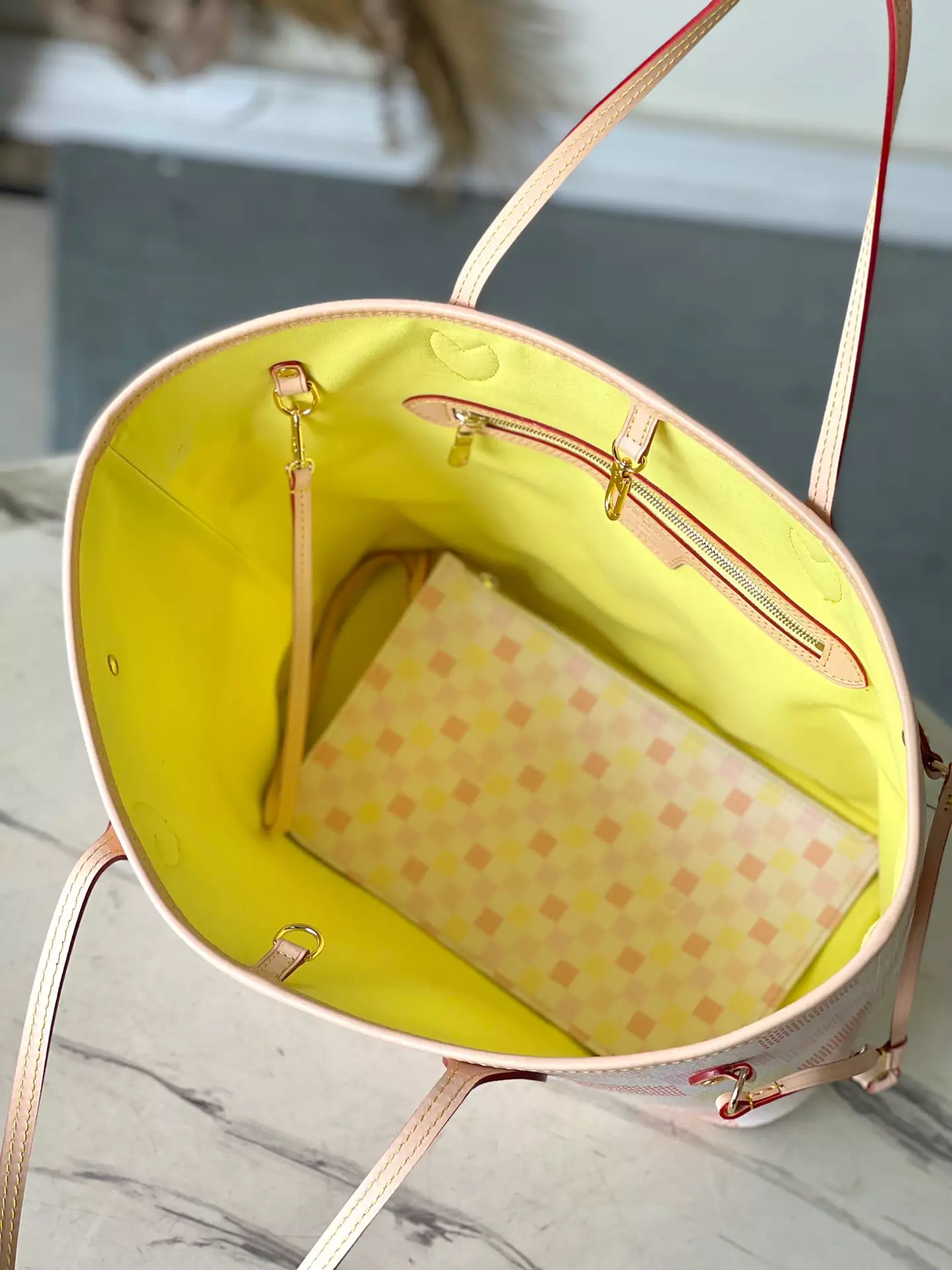 LV Neverfull MM Peach Damier Giant Canvas Tote Bag