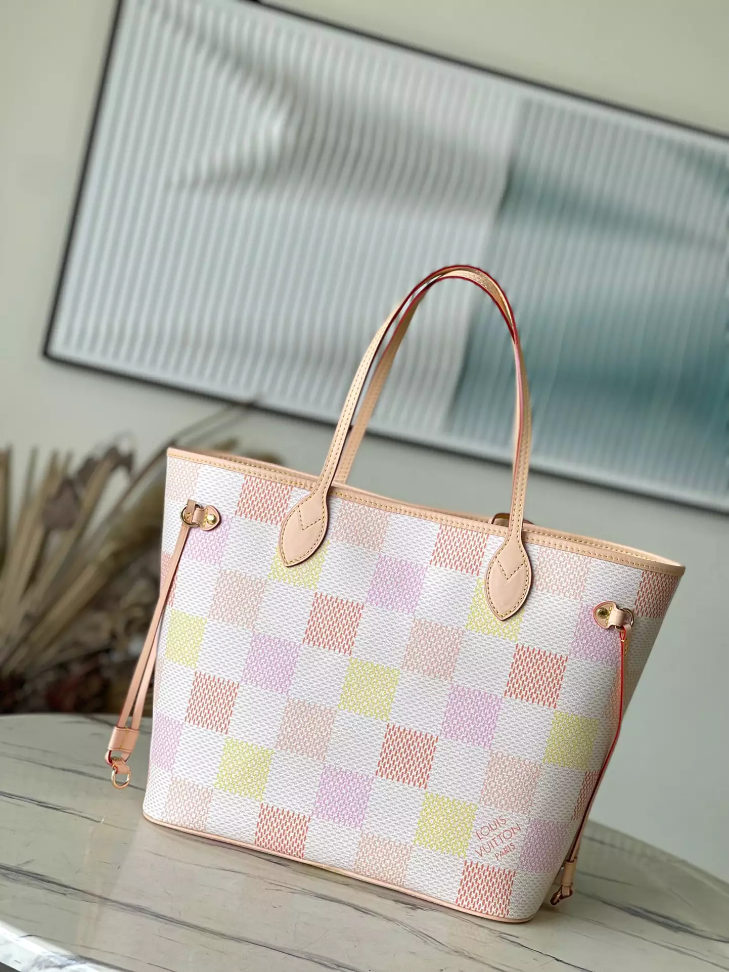 LV Neverfull MM Peach Damier Giant Canvas Tote Bag