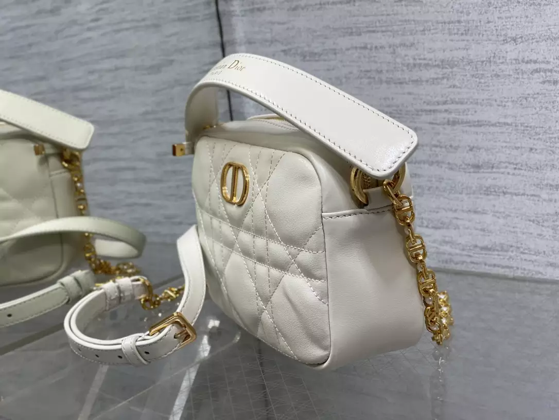 Small Dior Caro Top Handle Camera Bag Latte Macrocannage Calfskin