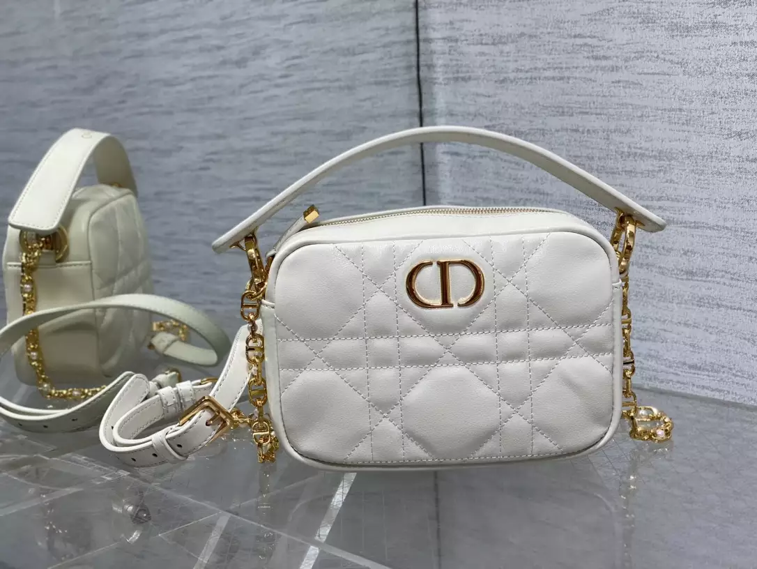 Small Dior Caro Top Handle Camera Bag Latte Macrocannage Calfskin