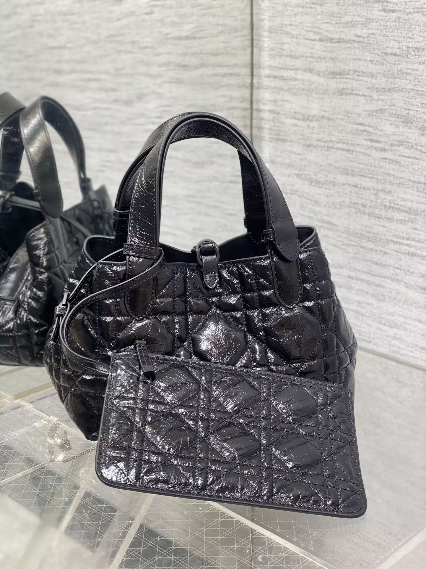 Small Dior Toujours Bag Black Macrocannage Crinkled Calfskin