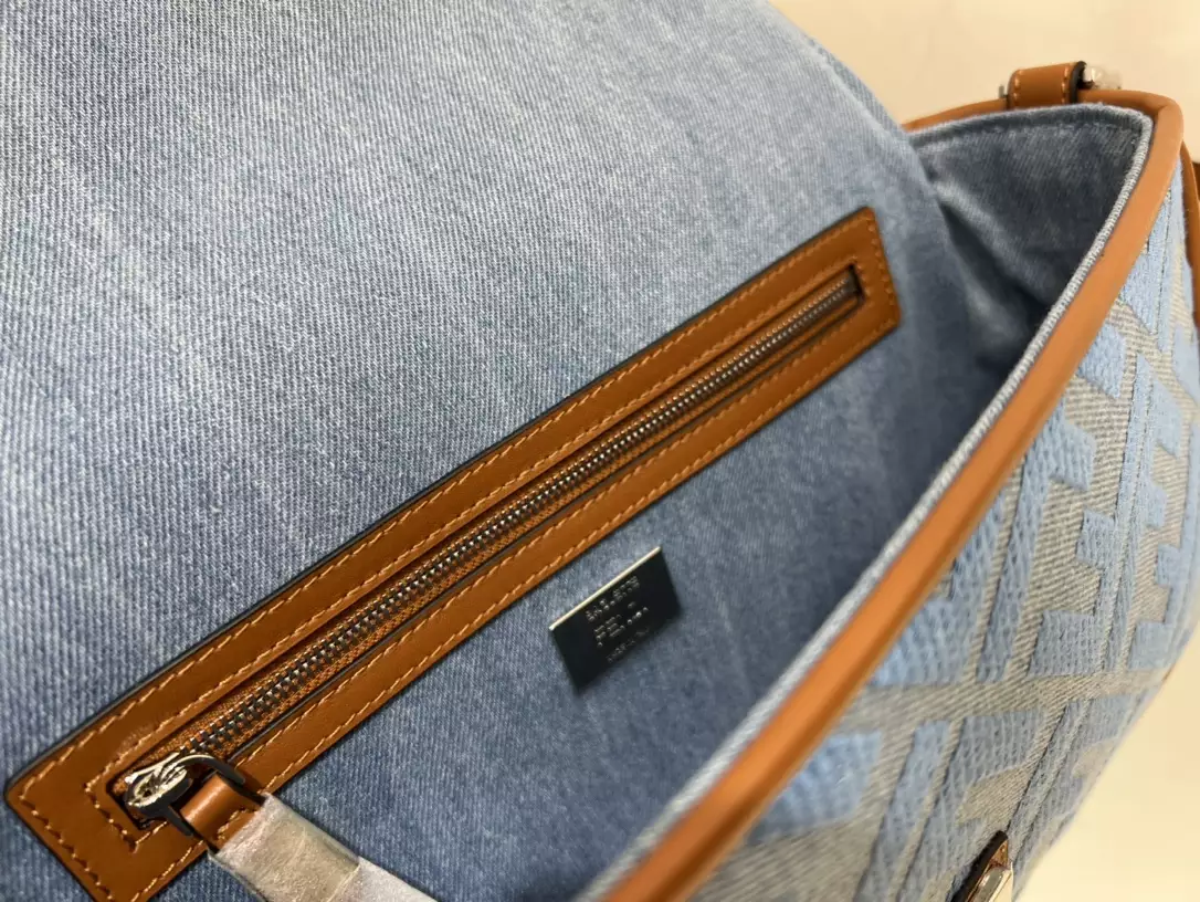 Baguette Light Blue Denim Bag with FF Embroidery