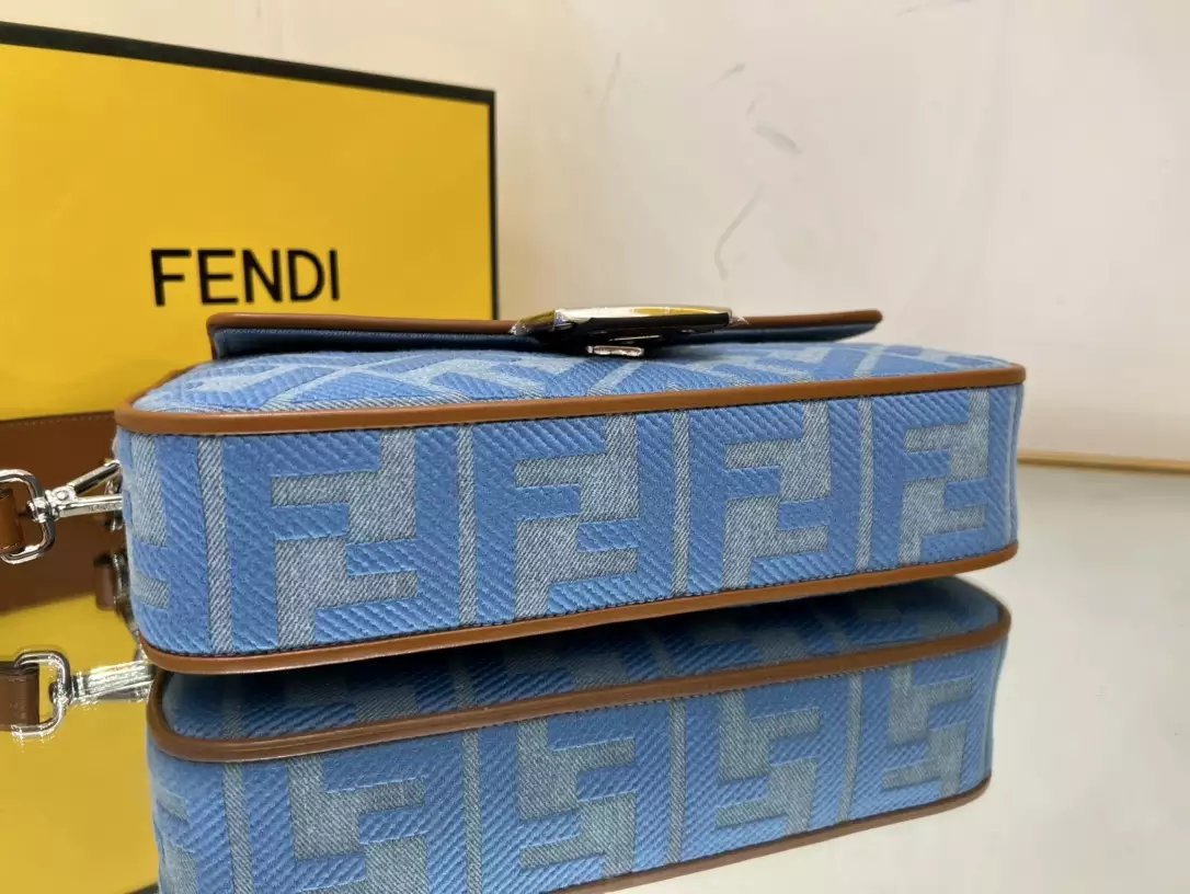 Baguette Light Blue Denim Bag with FF Embroidery
