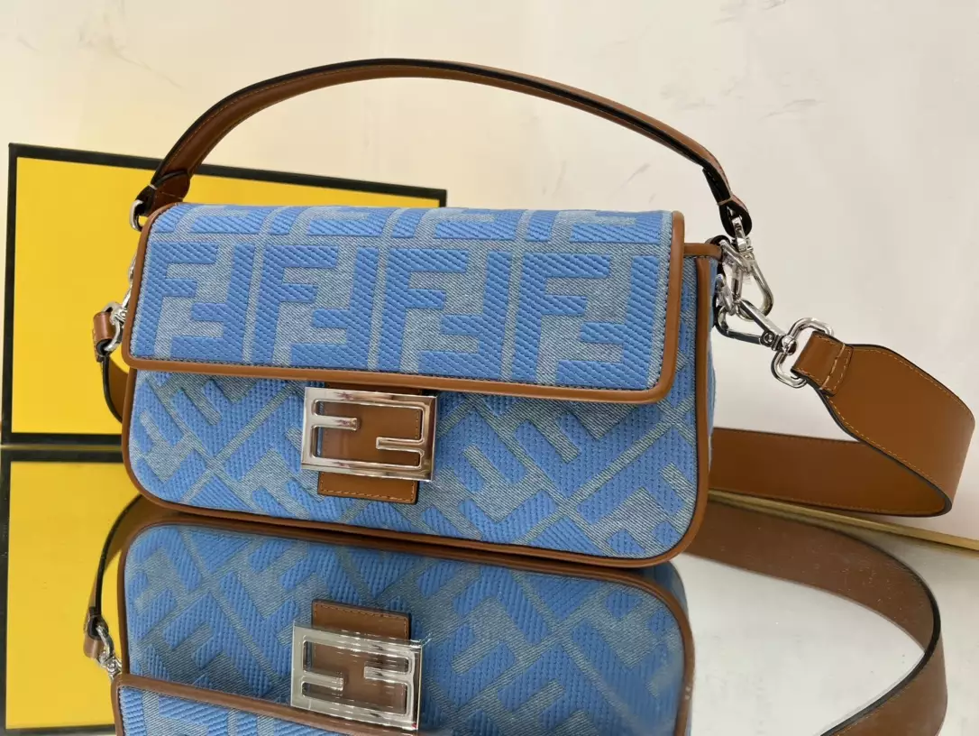 Baguette Light Blue Denim Bag with FF Embroidery