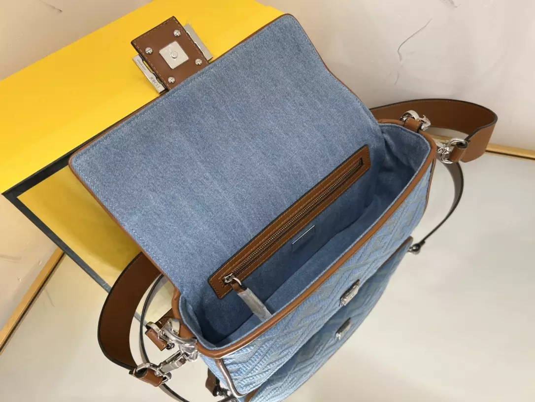 Baguette Light Blue Denim Bag with FF Embroidery