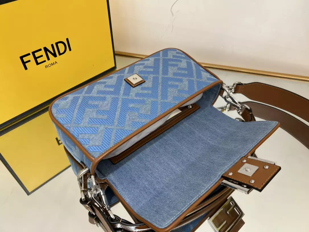 Baguette Light Blue Denim Bag with FF Embroidery