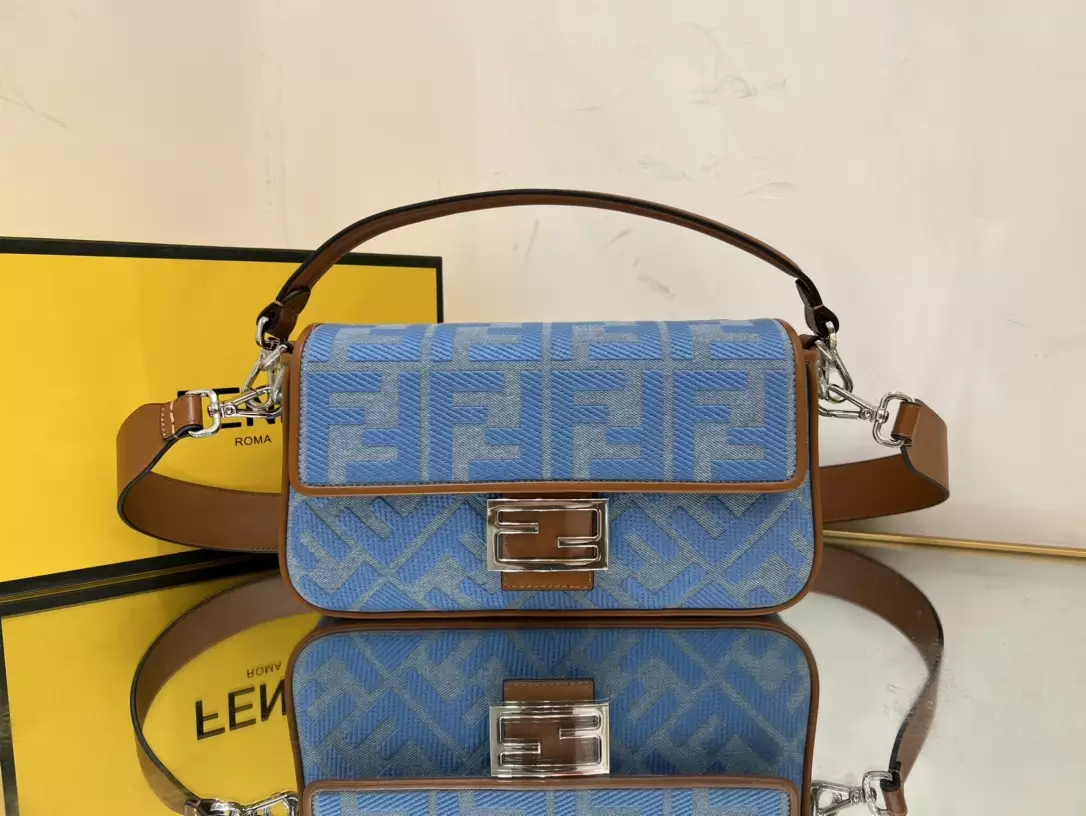 Baguette Light Blue Denim Bag with FF Embroidery
