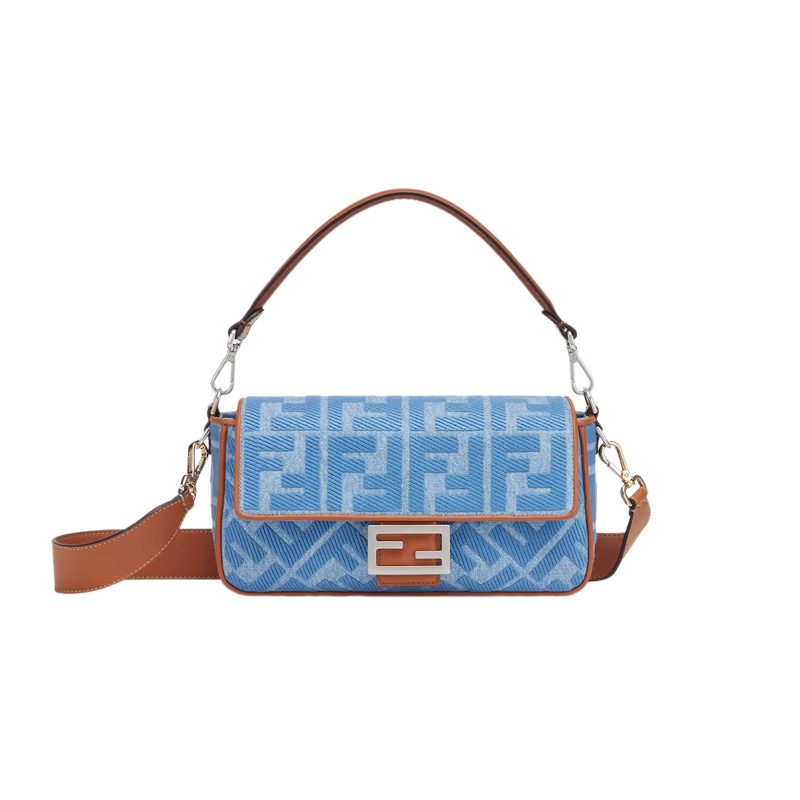 Baguette Light Blue Denim Bag with FF Embroidery