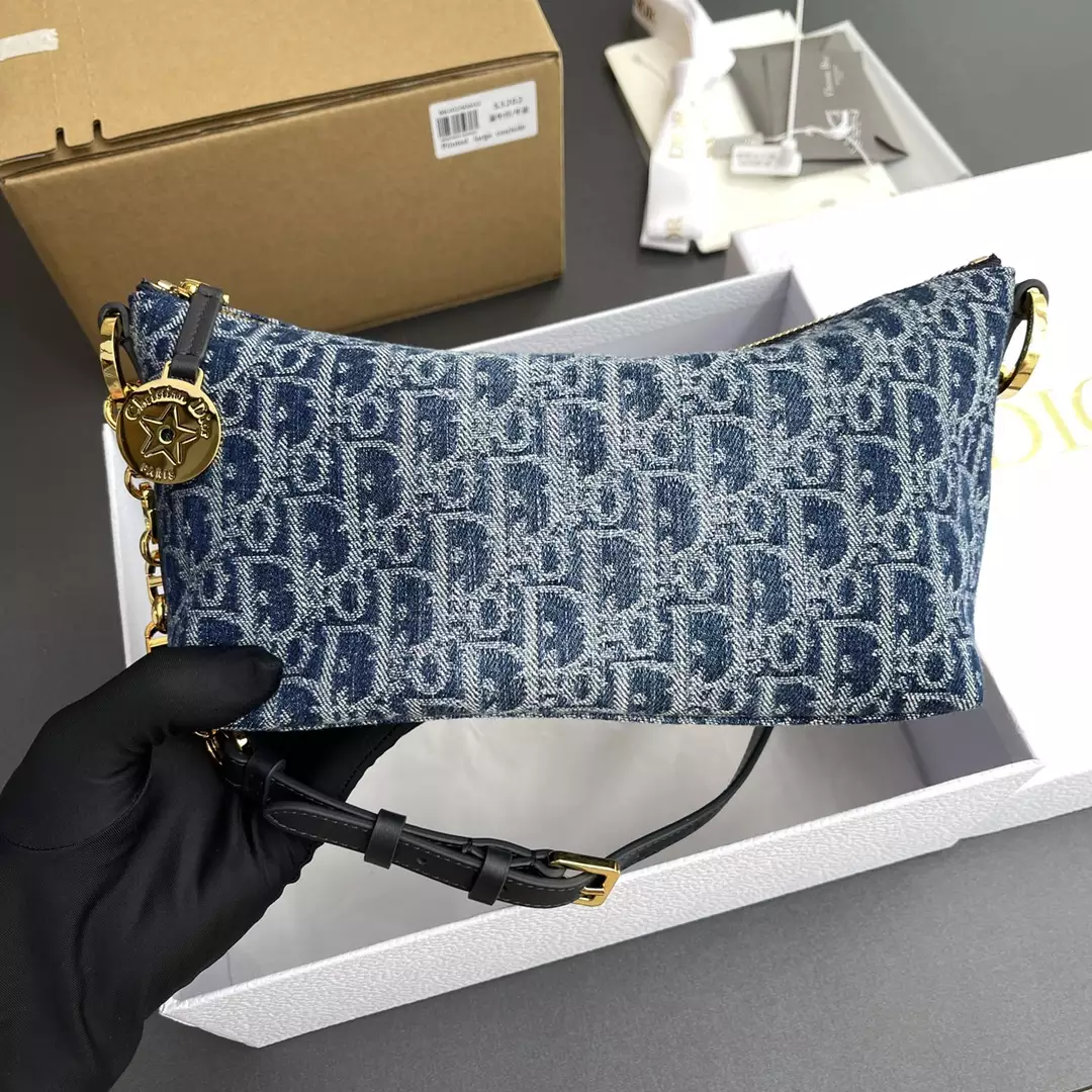 Diorstar Hobo Bag with Chain Blue Denim Dior Oblique Jacquard