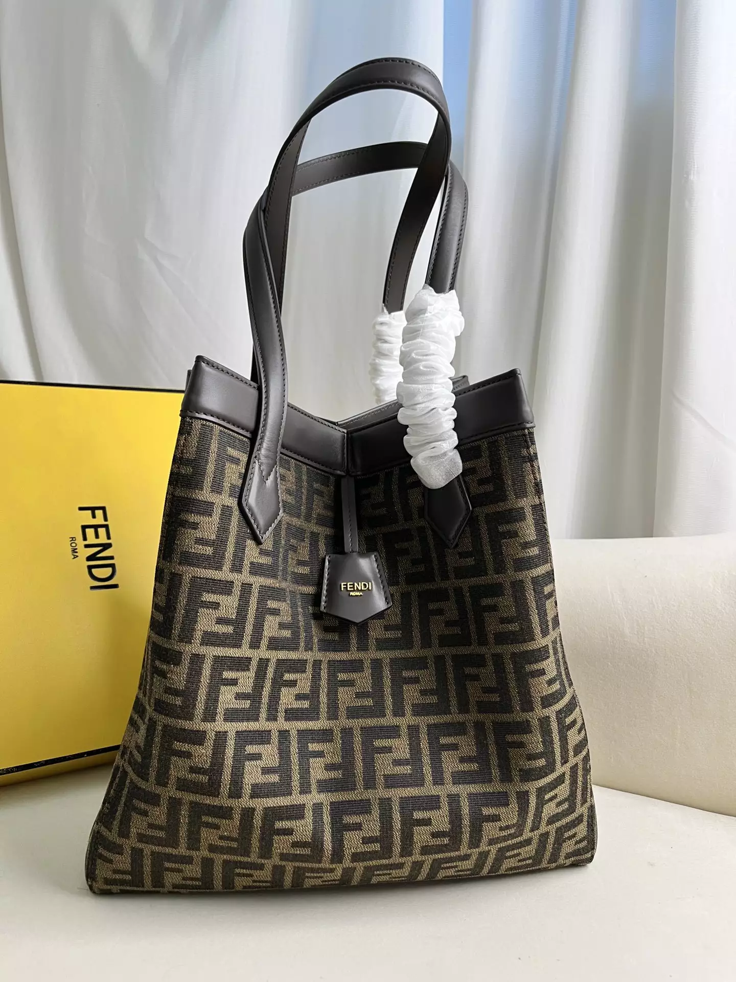 Fendi Origami Large Brown FF Jacquard Fabric Bag