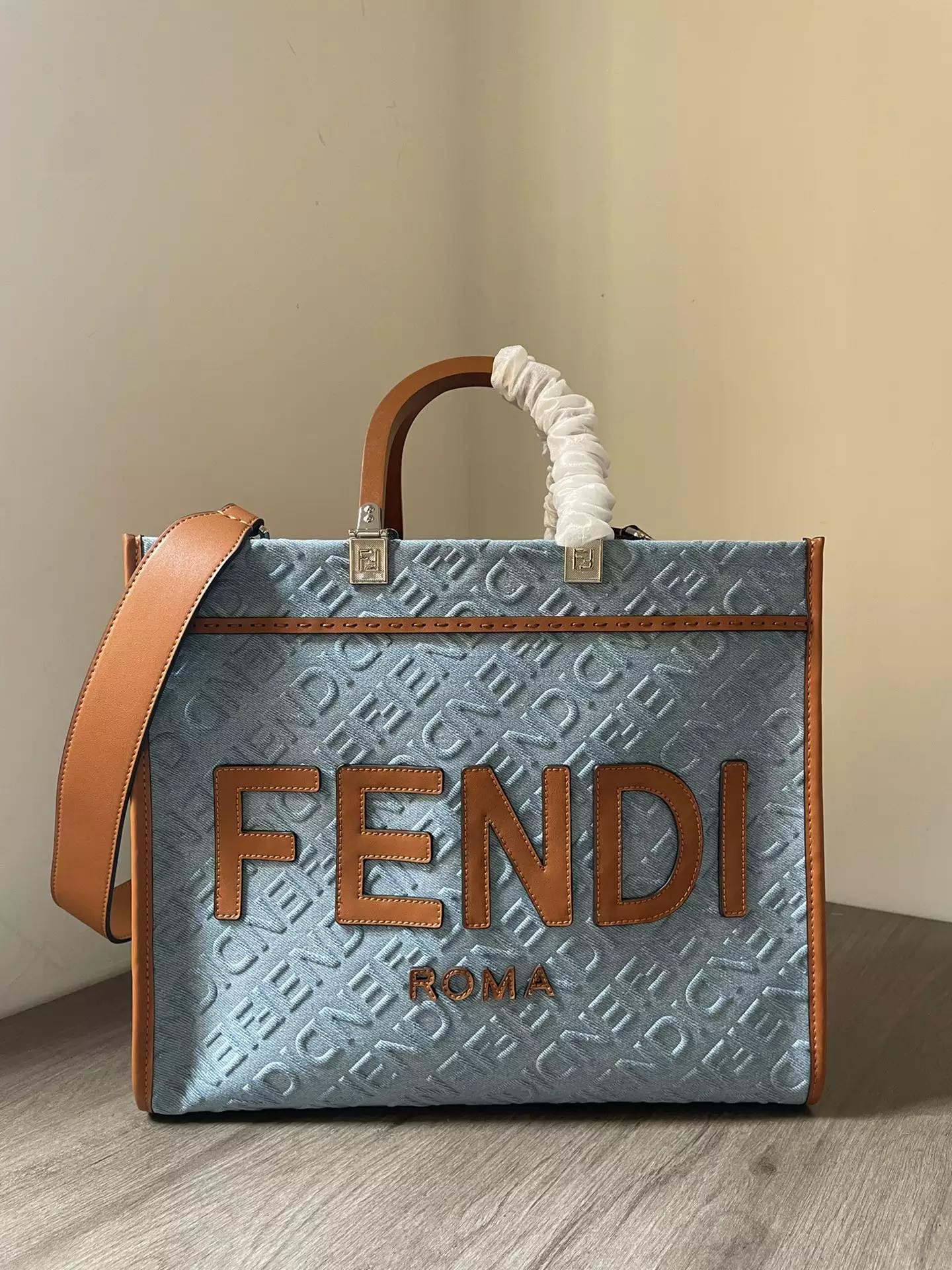 Fendi Sunshine Medium Light Blue Denim Shopper Bag