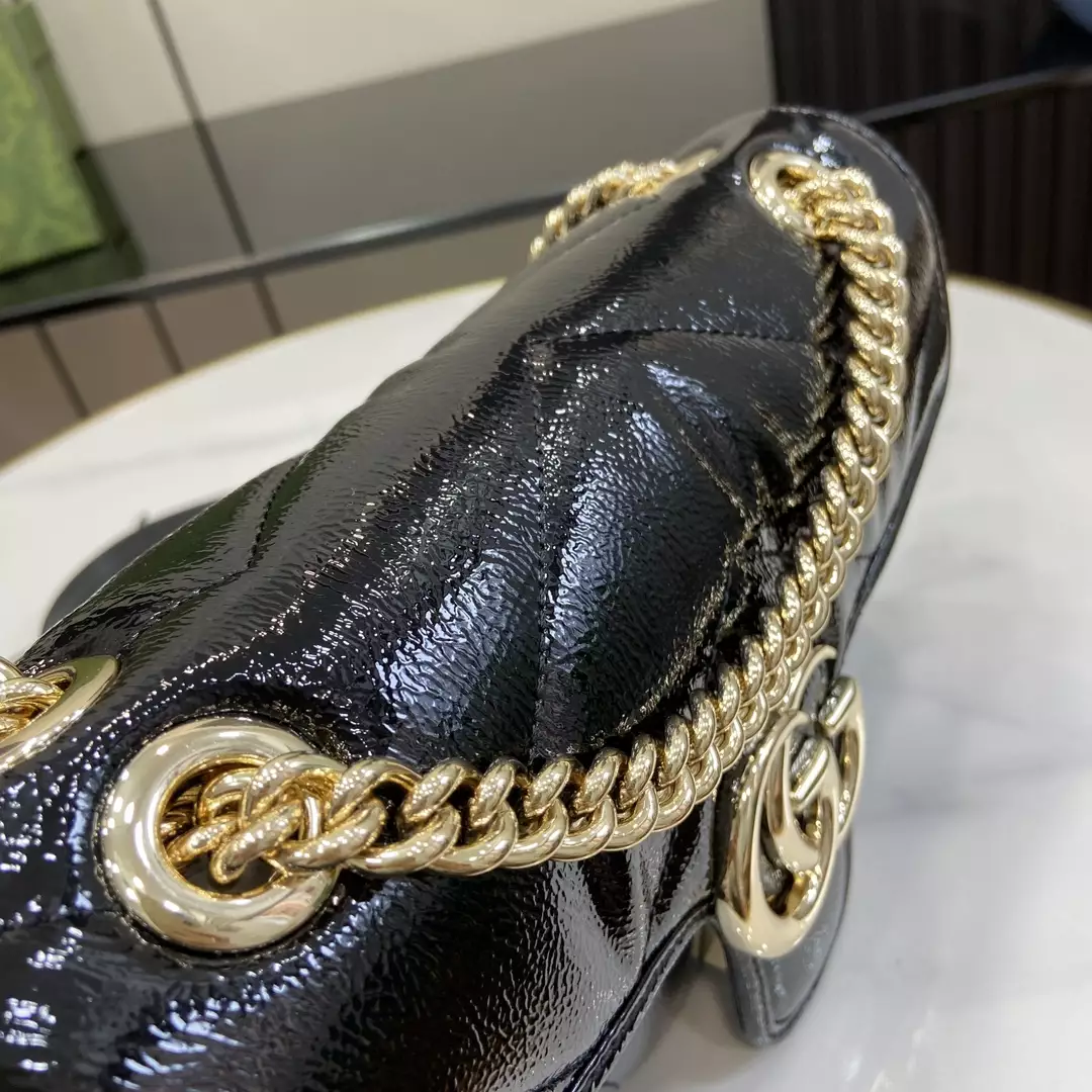 GG Marmont Small Shoulder Bag Black Quilted Chevron Patent Leather – GB338