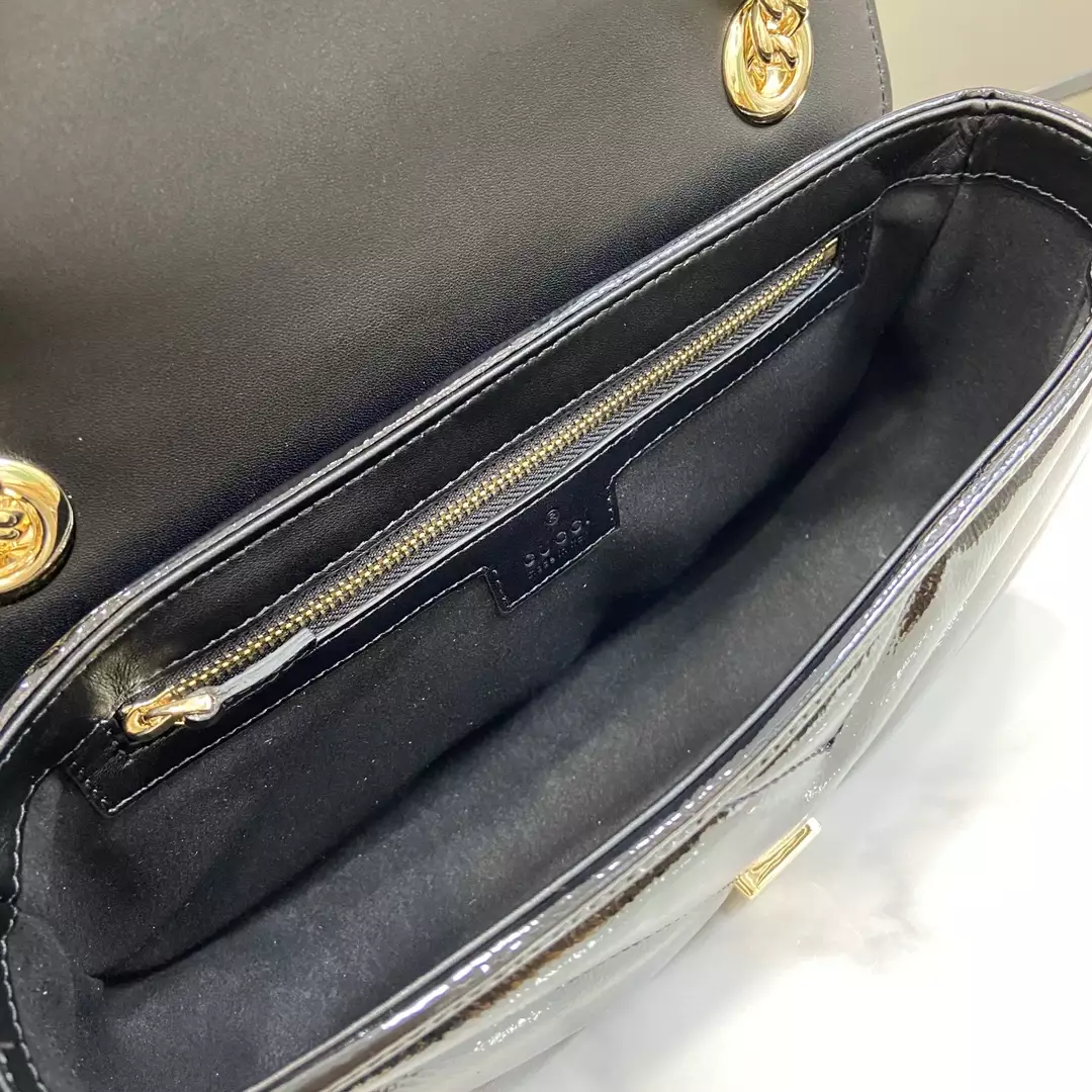 GG Marmont Small Shoulder Bag Black Quilted Chevron Patent Leather – GB338