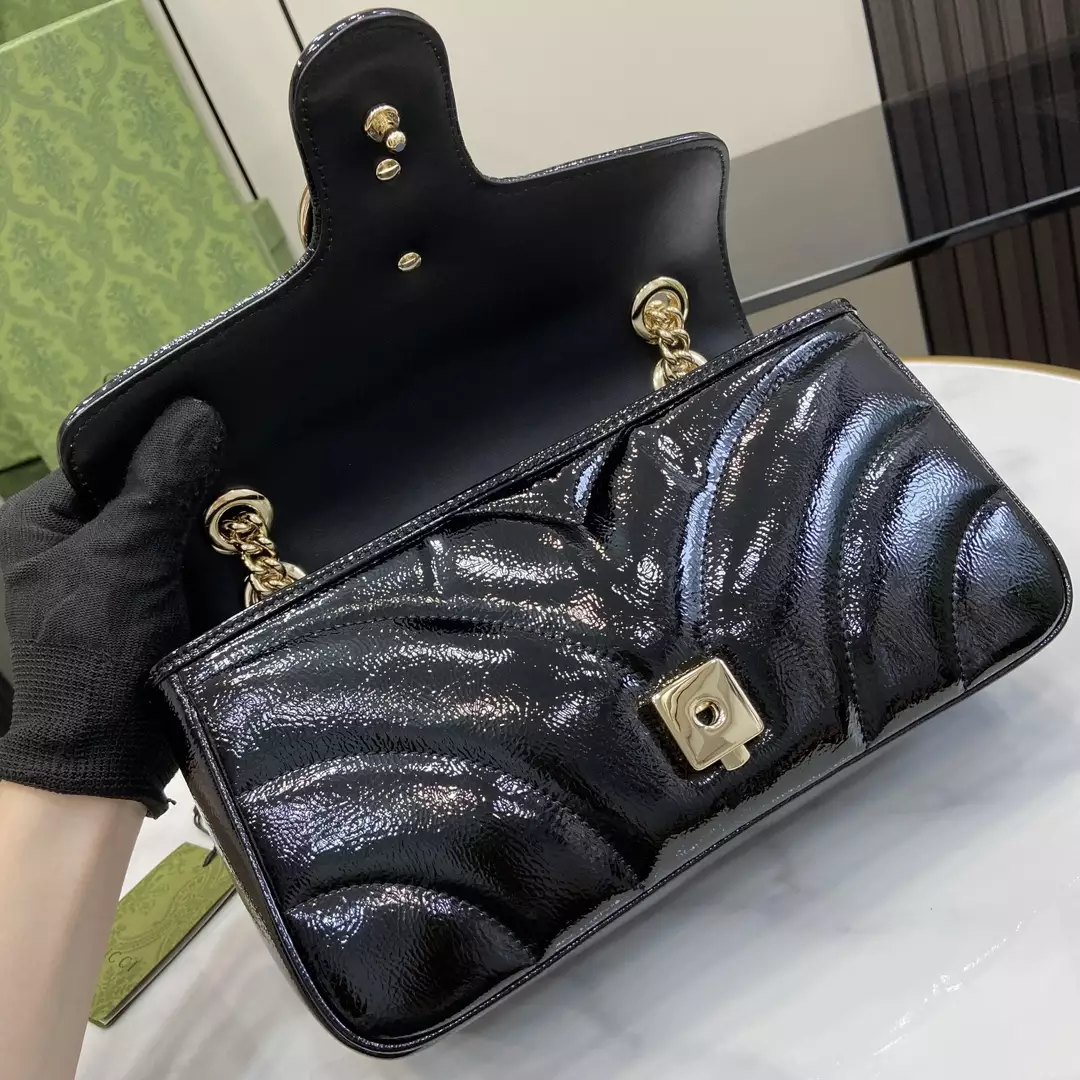 GG Marmont Small Shoulder Bag Black Quilted Chevron Patent Leather – GB338