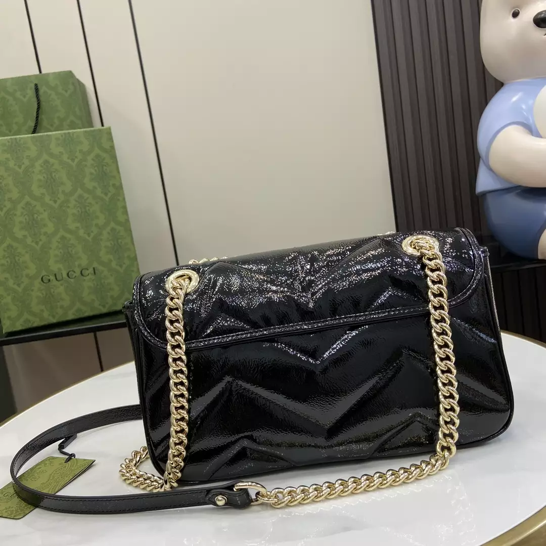GG Marmont Small Shoulder Bag Black Quilted Chevron Patent Leather – GB338