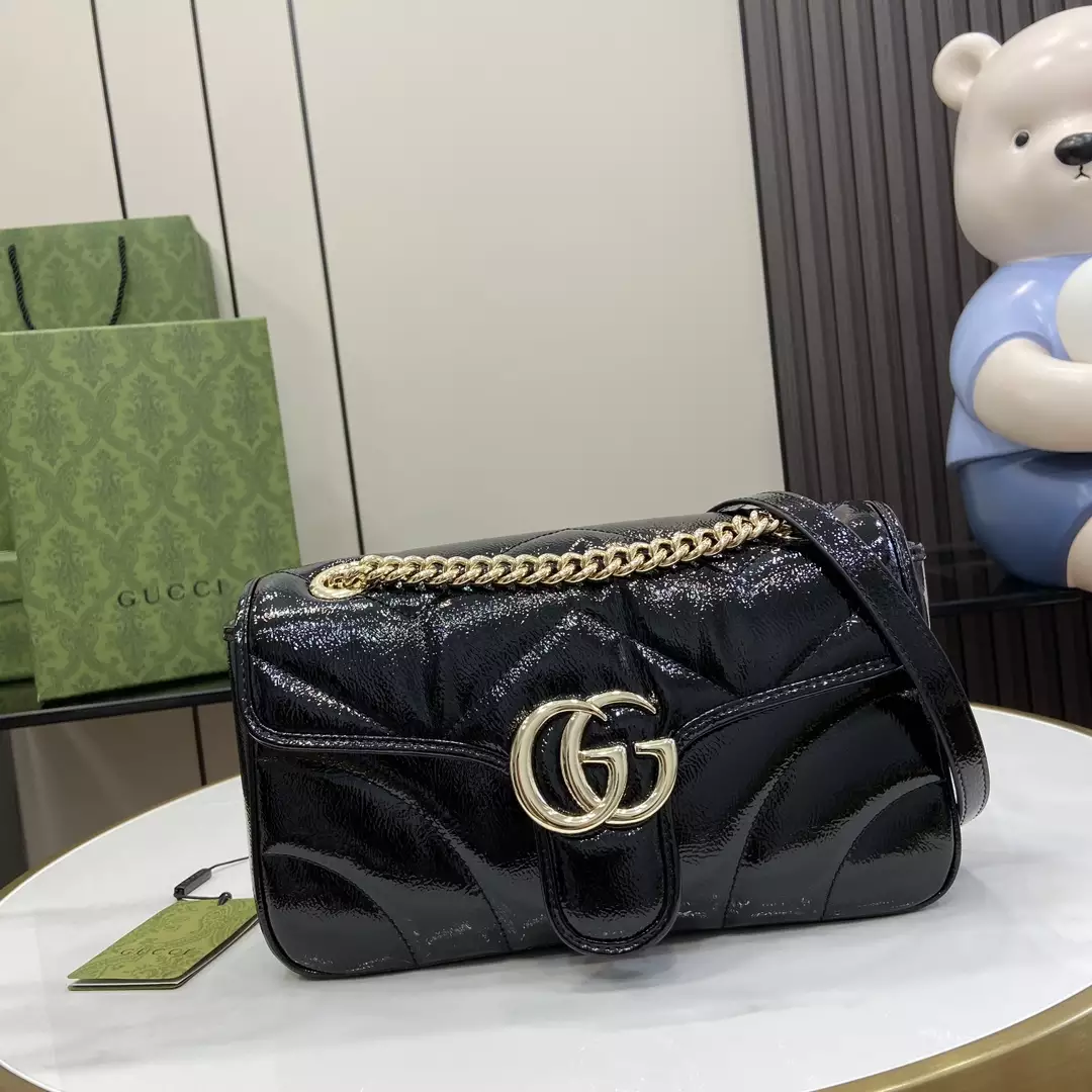 GG Marmont Small Shoulder Bag Black Quilted Chevron Patent Leather – GB338