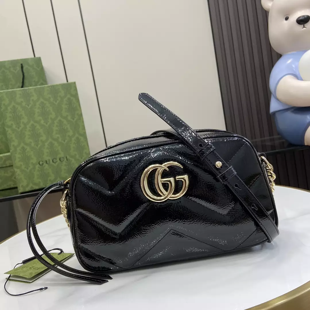 GG Marmont Small Shoulder Bag Black Quilted Chevron Patent Leather – GB340